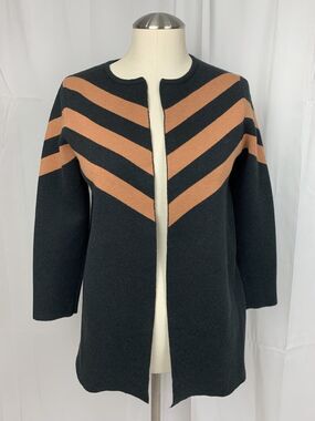 Ava Open Front Chevron Cardigan Sweater Black Tan S